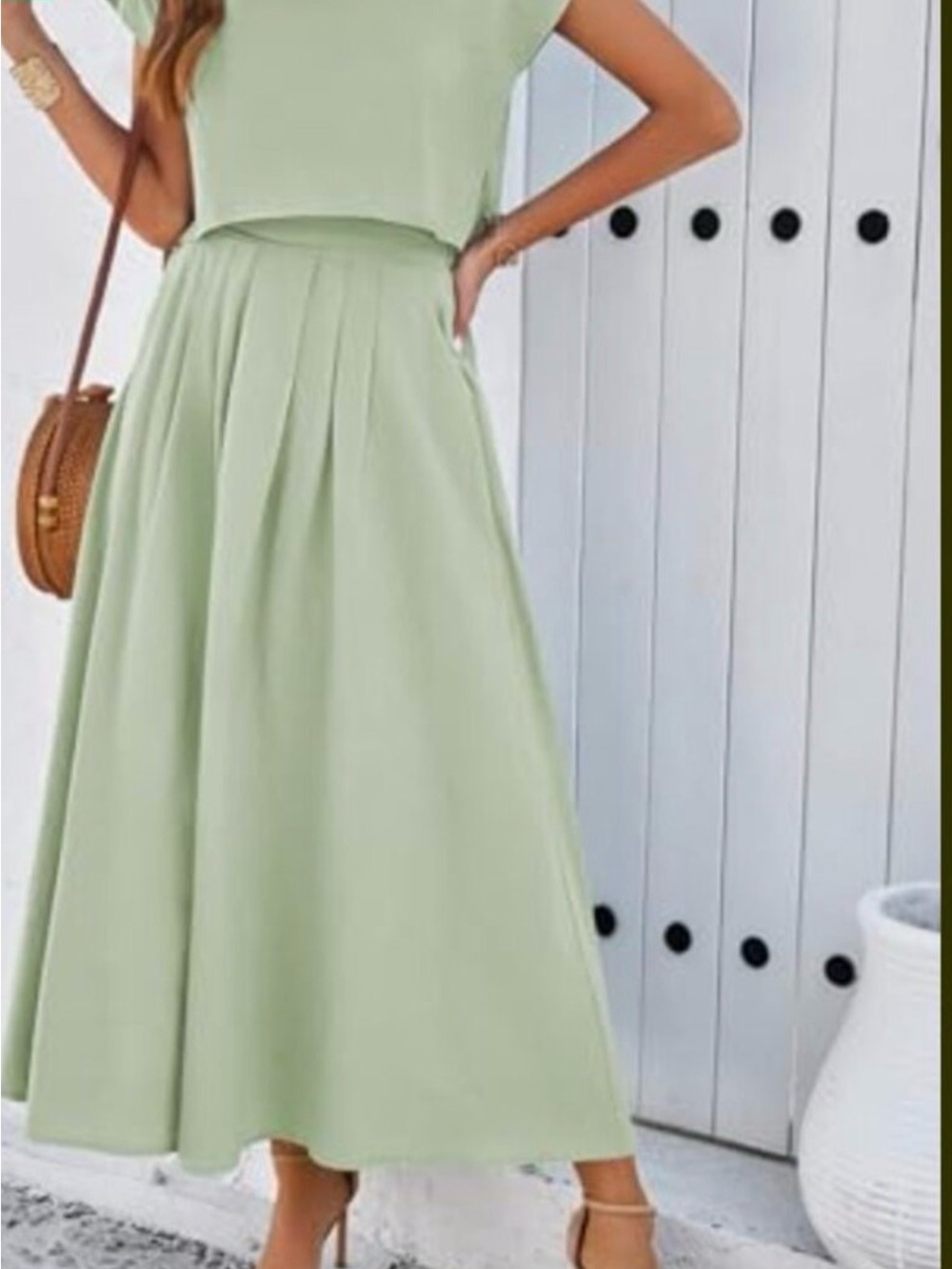 Women's 2 piece Top and Flowing A-Line Midi Skirt in Pale Mint